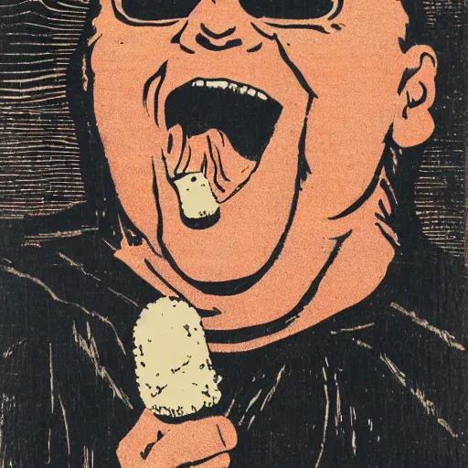 Image similar to alex jones eating a huge twinkie, woodcut,