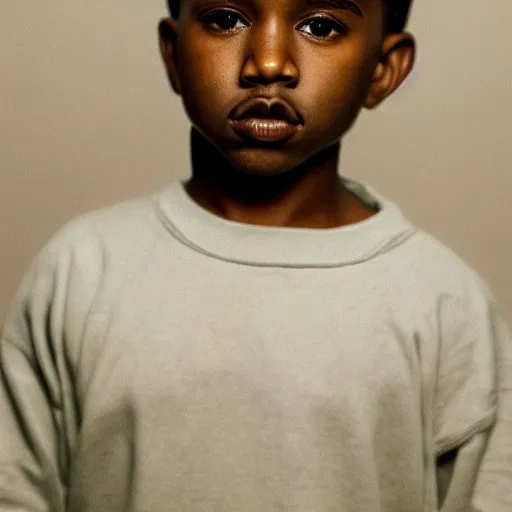 Prompt: the face of young kanye west wearing yeezy clothing at 1 3. 5 years old, portrait by julia cameron, chiaroscuro lighting, shallow depth of field, 8 0 mm, f 1. 8