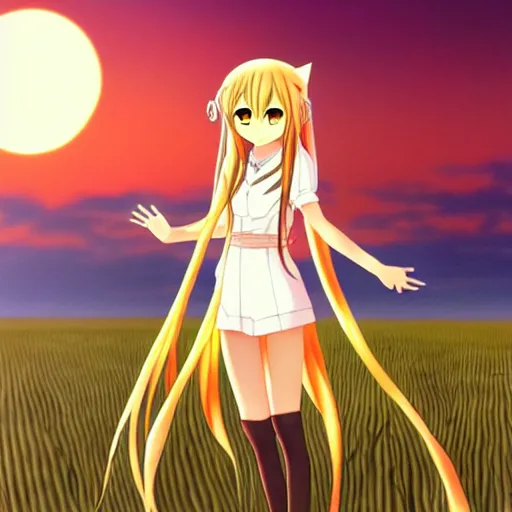 Image similar to anime illustration of Holo from Spice and Wolf standing in a wheat field at sunset, Holo is a wolf girl, high detail, trending on pixiv