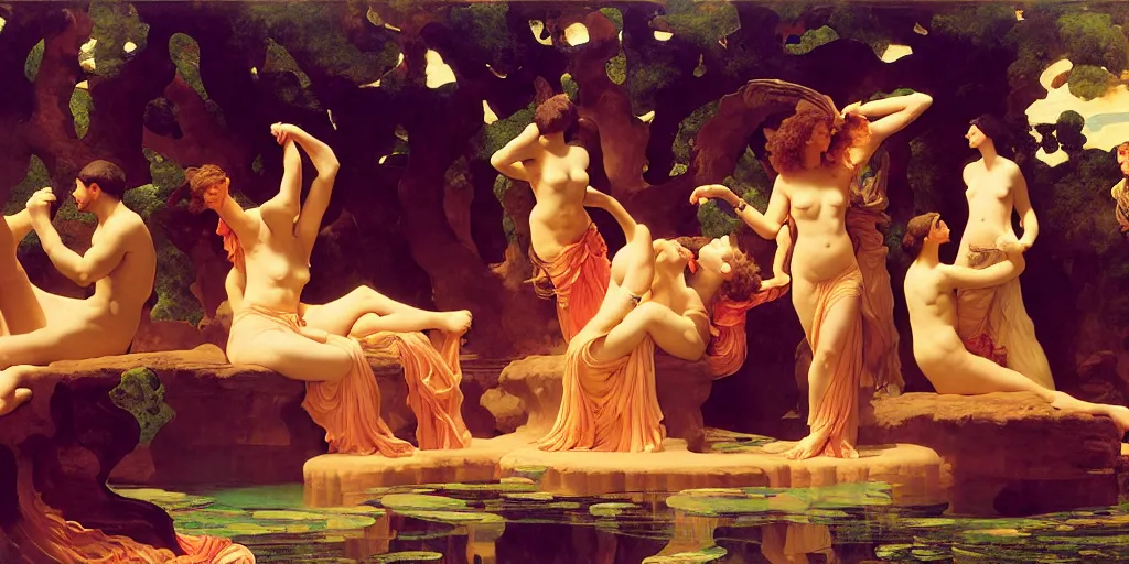 Prompt: an oasis in the middle of the desert, an art deco painting by Frederic Leighton and Daniel Maclise and Rolf Armstrong and Evelyn De Morgan and Bastien Lecouffe-Deharme, dutch golden age, dramatic lighting, high contrast colors, baroque, empyrean, panoramic view, cgsociety, highly detailed, doom engine,