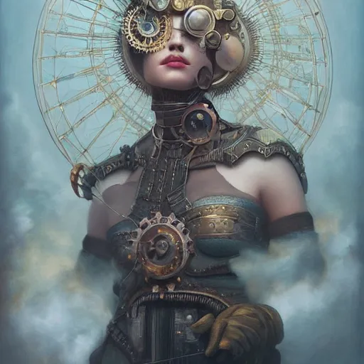 Image similar to by tom bagshaw, ultra realist vivid soft painting of a carnival of curiosities, single curvy etheral voung steampunk female in a full ornated armor gears, cables, led, flying machinery, partial symmetry accurate features, very intricate details, focus, award winning, ultra dense fog