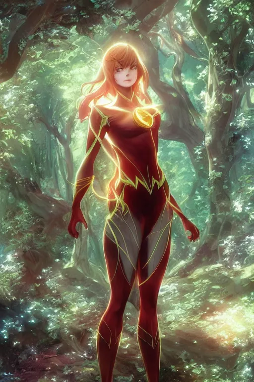 Image similar to anime key visual of a beautiful young female the flash!! intricate, magical forest, stunning, highly detailed, digital painting, artstation, smooth, hard focus, illustration, art by artgerm and greg rutkowski and alphonse mucha