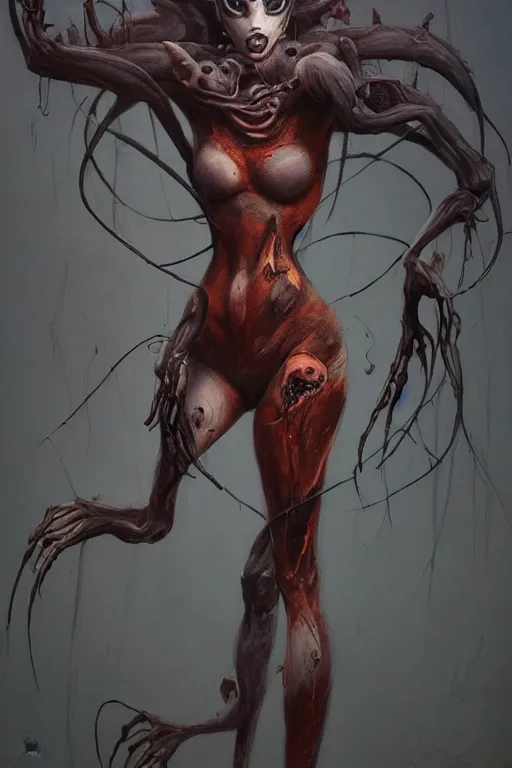 Image similar to dark full body painting of tracer from overwatch, in style of zdzisław beksinski, scary, horror, 4 k, feminine facial features, overwatch tracer character, horror, body horror, disturbing, detailed face, dressed in dark garment, black tendrils, tall, long legs,