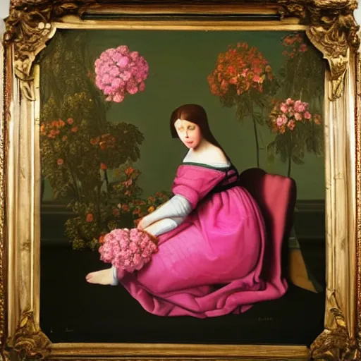 Prompt: renaissance oil painting of a pretty girl sitting in the lourve surrounded by giant pink gold flowers and digital paintings