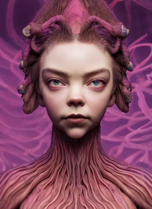 Prompt: hyper detailed 3d render like a Oil painting - very coherent Concrete displacement mapped profile subsurface scattering (a beautiful fae princess protective playful expressive from dark crystal that looks like Anya Taylor-Joy) seen red carpet photoshoot in UVIVF posing in caustic light pattern pool to Eat of the Strangling network of yellowcake aerochrome and milky Fruit and His delicate Hands hold of gossamer polyp blossoms bring iridescent fungal flowers whose spores black the foolish stars by Jacek Yerka, Ilya Kuvshinov, Mariusz Lewandowski, Houdini algorithmic generative render, golen ratio, Abstract brush strokes, Masterpiece, Victor Nizovtsev and James Gilleard, Zdzislaw Beksinski, Tom Whalen, Mark Ryden, Wolfgang Lettl, hints of Yayoi Kasuma and Dr. Seuss, Grant Wood, octane render, 8k