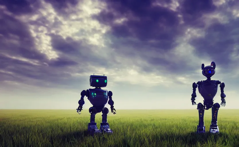 Prompt: lonely robot in a field, artstation, cinematic, atmospheric, wide shot, hd render, fractal alien sky