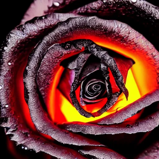 Image similar to award - winning macro of a beautiful black rose made of glowing molten magma