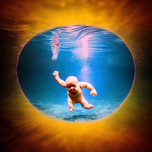 Image similar to a baby chasing a dollar bill under the surface of the water in the style of the nirvana album cover, underwater photography with light scattering and water refractions, smooth