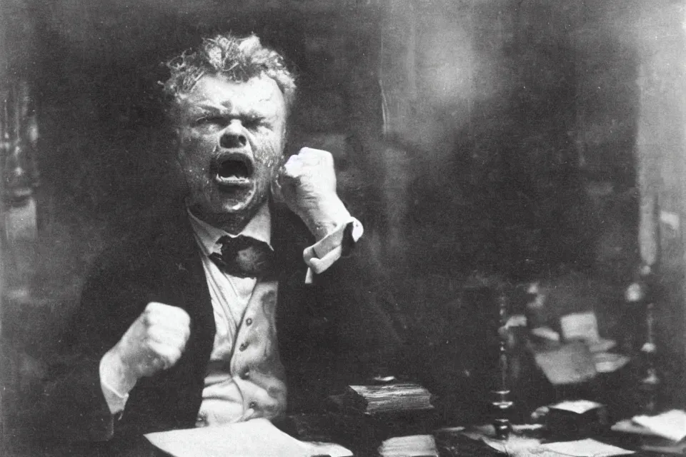 Image similar to wet plate photograph, august strindberg angry shouting and banging his fist on a secretary desk in a small messy viennese apartment, night time, alone, lamplight, victorian era, depth of field, very detailed, highly accurate, intricate