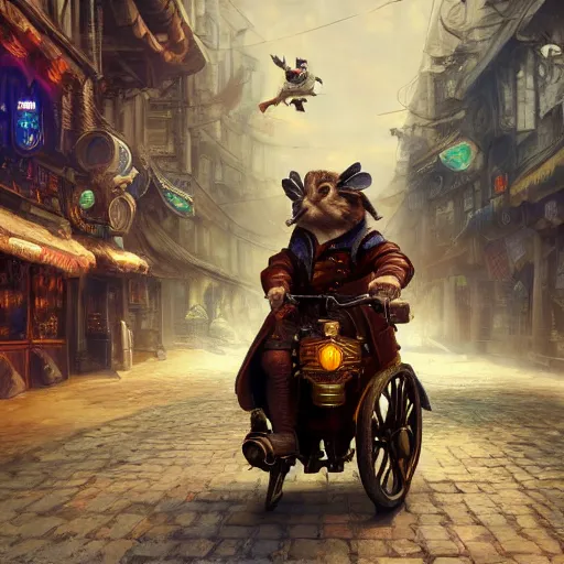 Image similar to oil painting of hamster riding giant duck, steampunk clothes, steampunk city background, sharp focus, fantasy style, octane render, volumetric lighting, 8k high definition, by greg rutkowski, highly detailed, trending on art Station, explosions, centered