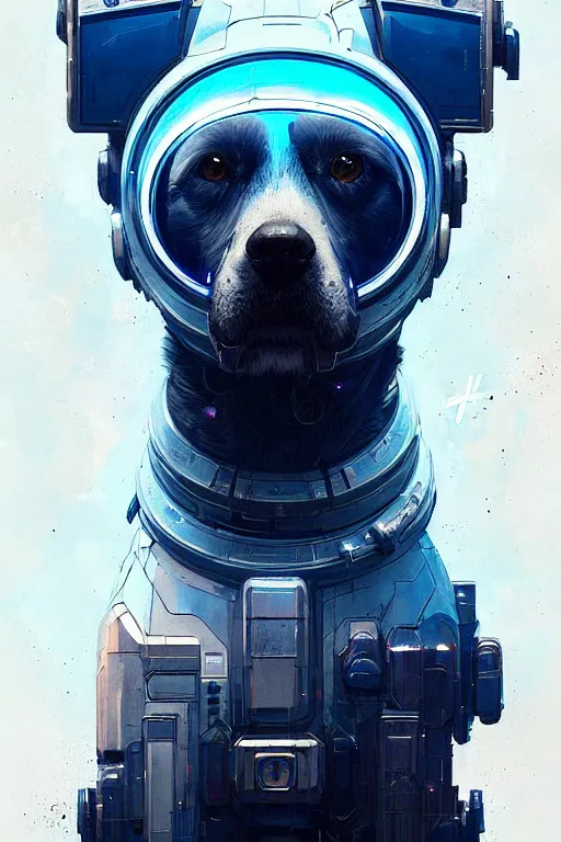 Prompt: a beautiful portrait of a cute cyberpunk dog with blue tinted view of space in the background by greg rutkowski and wlop, digital art, highly detailed, fine detail, intricate, ornate, complex