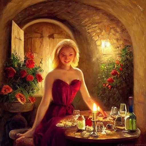 Image similar to wine cellar full of food, torches on the wall, schnapps, romantic, inviting, cozy, blonde woman, painting, Fritz Wagner, Vladimir Volegov, Olga Zakharova