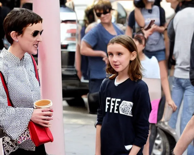 Prompt: winona ryder at age 12 meeting millie bobby brown for coffee, candid shot, TMZ, by cameldeath