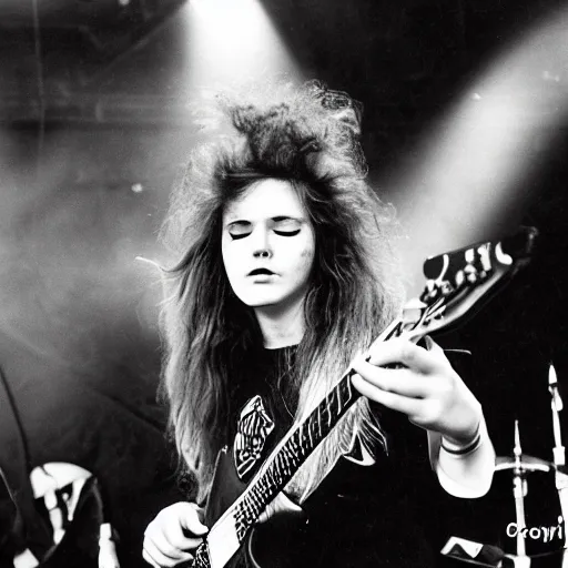 Image similar to 1 9 - year - old girl in a traditional doom metal band, live in concert, live 1 9 8 6, united kingdom flags, playing electric guitar, headbanging slowly, crowd of longhairs, super 8 mm