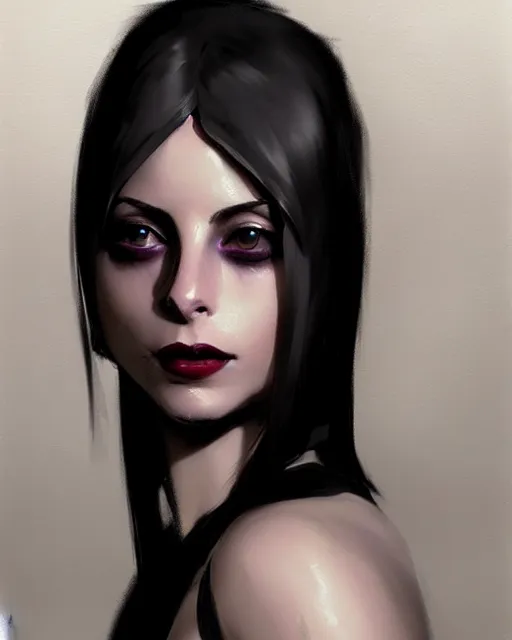 Image similar to style of craig mullins : : gorgeous willa holland : : evil witch, swirling black magic, black dress : : symmetrical face, symmetrical eyes : : full body pose : : gorgeous black hair : : magic lighting, low spacial lighting : :