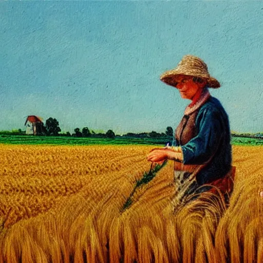 Prompt: cat farmer, walking in the wheat field, nature landscape on the background, sharp deep, oil art