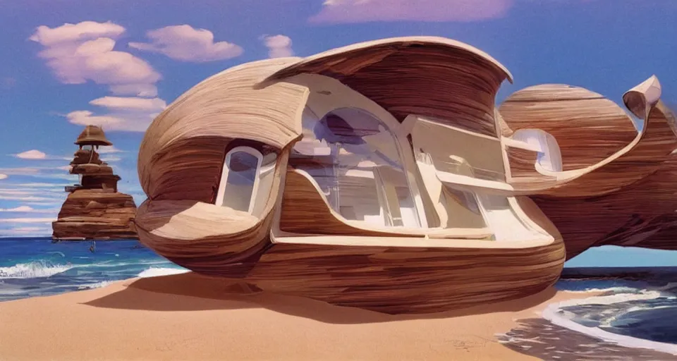 Image similar to clamshell seashell house where a hermit girl lives, atmospheric cinematography by syd mead