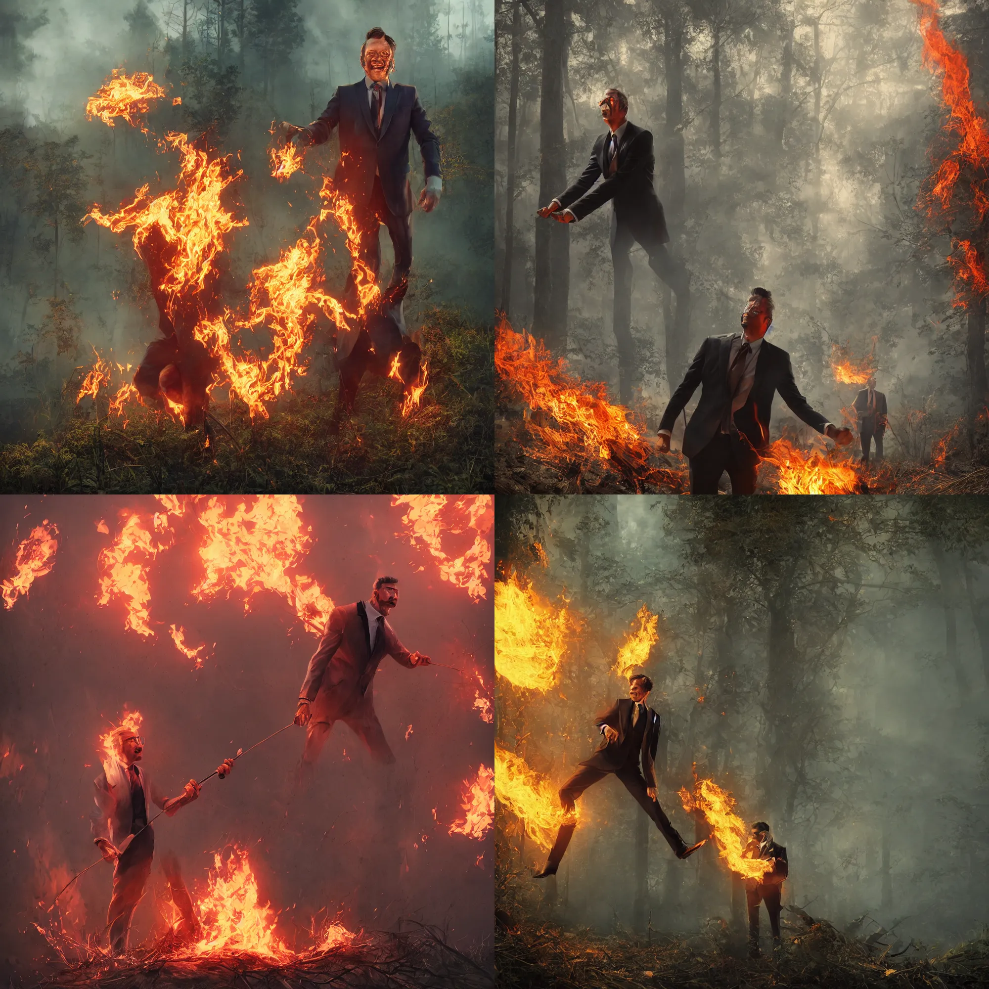 Prompt: portrait of evil ambitius man in suit setting fire to the wild nature near a river, enjoying the destruction, art by James Gurney , Charlie Immer, Award winning photo, sharp focus, octane render 8k , dramatic lighting, propaganda, trending artstation