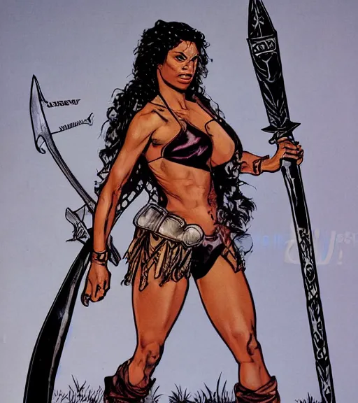 Prompt: 1 9 8 0 s fantasy novel book cover, amazonian rosario dawson in extremely tight bikini armor wielding a cartoonishly large sword, exaggerated body features, dark and smoky background, low quality print