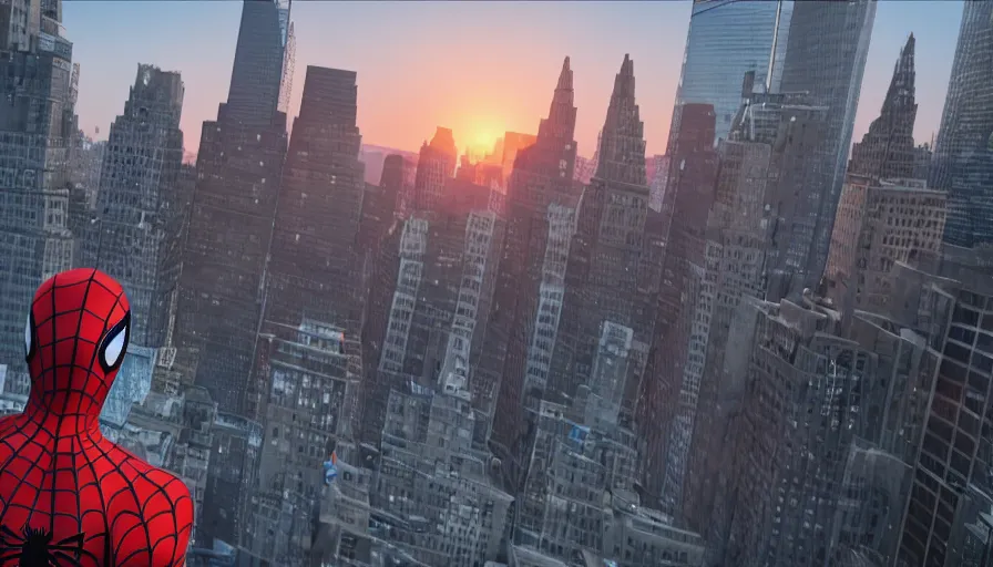 Image similar to spider - man on top of a building in new york watching the sunset, unreal engine 5, render, cg society