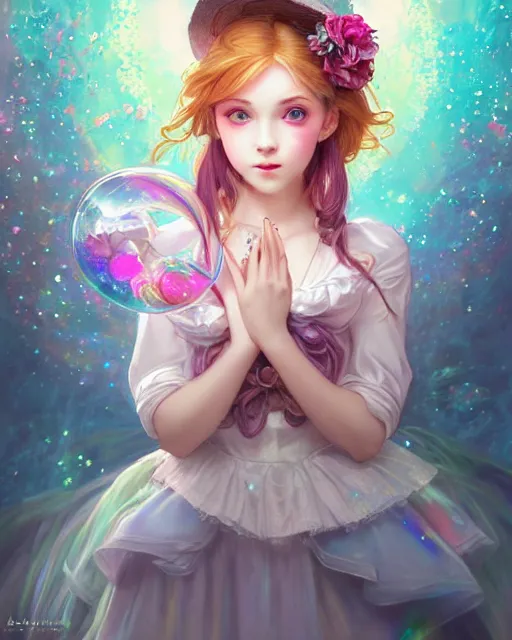 Image similar to portrait of magical lolita girl, dreamy and ethereal, expressive pose, big blue eyes, exciting expression, fantasy, intricate, elegant, many rainbow bubbles, rose tones, highly detailed, digital painting, artstation, concept art, cyberpunk wearing, smooth, sharp focus, illustration, art by artgerm and greg rutkowskiand alphonse mucha