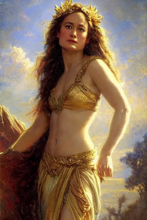 Image similar to portrait of brie larson as a greek goddess. art by gaston bussiere.