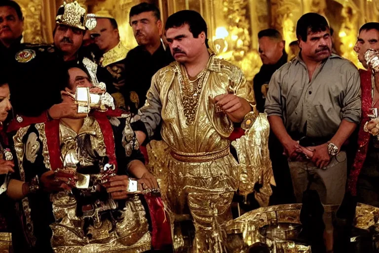 Image similar to el chapo is a genie standing in the middle of a grandiose mexican mansion. everything is made out of gold. el chapo is sipping on wine. the mansion is incredible and ornate. chapo has a clockwork chain. there are princesses and queens everywhere around him, lovely scene of a genie being a pimp