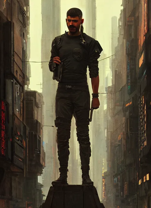 Image similar to Cyberpunk prison guard (blade runner 2049, cyberpunk 2077). Orientalist portrait by john william waterhouse and James Gurney and Theodore Ralli and Nasreddine Dinet, oil on canvas. Cinematic, hyper realism, realistic proportions, dramatic lighting, high detail 4k