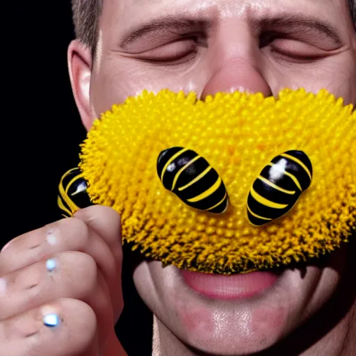 Image similar to photograph of smiling man with bees inside his mouth, 8k resolution, high detail, ULTRA REALISTIC VFX, reflections