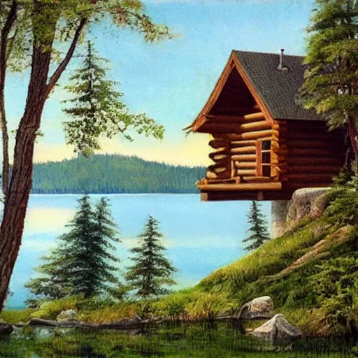 Image similar to cabin on a cliff overlooking a lake in a forest, Stephen youll