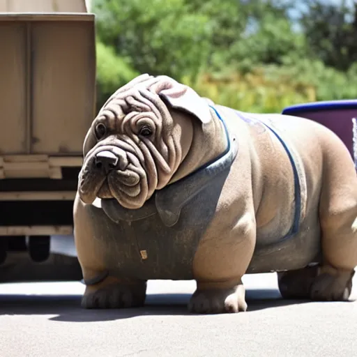 Prompt: sharpei dog driving a cement truck