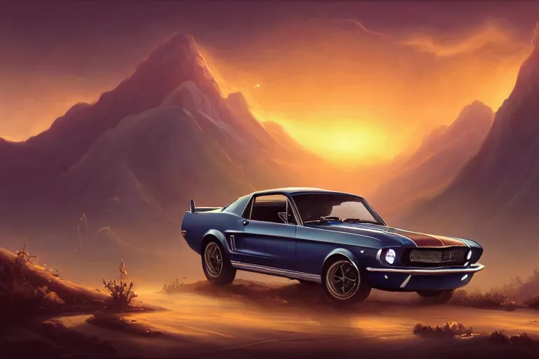 Prompt: a 1 9 6 8 mustang driving down a long country road, coriolios rpg art style, full of details, warm sunset colors, matte painting, artstation, 8 k, hyperrealistic, style of peter mohrbacher, album cover, extreme long shot, mountains