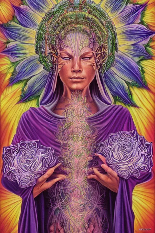 Image similar to goddess of souls holding beautiful flowers in her hands, epic, cinematic, by alex grey