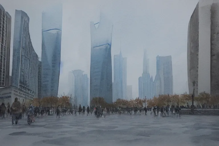 Image similar to A watercolor depicting an empty Lujiazui, gloomy weather, high contrast, smooth, by Joseph Zbikowicz, 8k