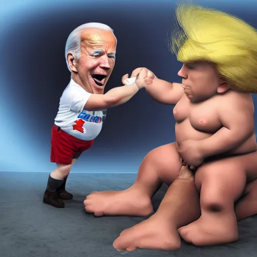 Image similar to cracked out joe biden in a bloody diaper, fist fighting a dwarf - sized donald trump, ultra hyper mega realistic, render