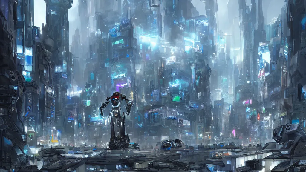 Prompt: Amazing digital concept art of a guardian robot in a futuristic metropolis by James Clyne and Joseph Cross. Cinematic, video game concept art. Wide angle.