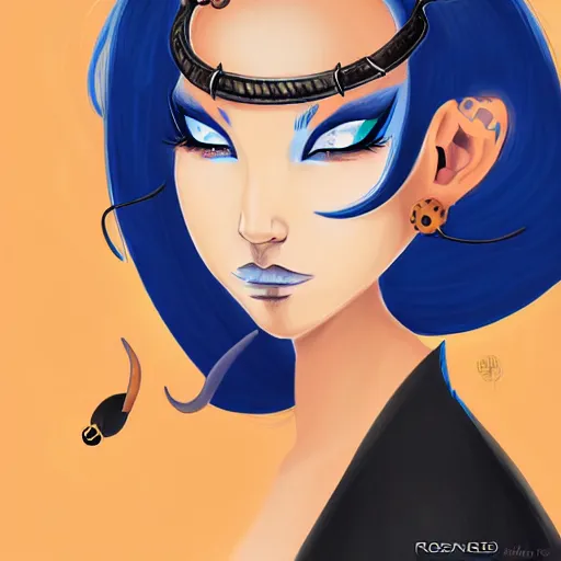 Image similar to illustrated portrait of ram-horned devil woman with blue bob hairstyle and colored orange skin tone and with solid black eyes and black sclera wearing leather by rossdraws