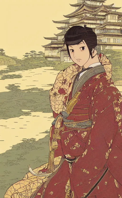 Prompt: portrait of a yari ashigaru, highly detailed, high resolution, japanese castle in the background, full color manga visual style, illustration, stunning, shogun era, bokeh soft, matte, 100mm, by professional photographer, hayao miyazaki, ilya kuvshinov, alphonse mucha, studio mappa, realistic human anatomy, realistic army, realistic weapons, shot with a arriflex 35 ii, low saturation, small eyes