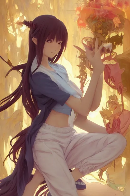 Image similar to anime key visual of a pretty sorcerer girl, wearing sweatpants and a crop top, practicing fire spells in her bedroom, intricate, lofi feel, magical, highly detailed, digital painting, artstation, smooth, hard focus, illustration, art by artgerm and greg rutkowski and alphonse mucha