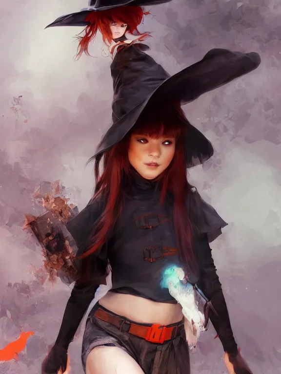 Image similar to Full shot of a cute mischievous young witch about to get up to some trouble. Latin American fashion. Black and Orange palette. Latina girl. brown skin. By Ruan Jia and Artgerm and Range Murata and WLOP. Key Art. Fantasy Illustration. award winning, Artstation, intricate details, realistic, Hyperdetailed, 8k resolution.