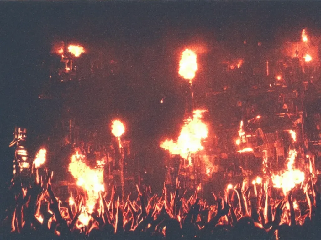 Image similar to 80s polaroid colour flash photograph of Rammstein concert pyrotechnics