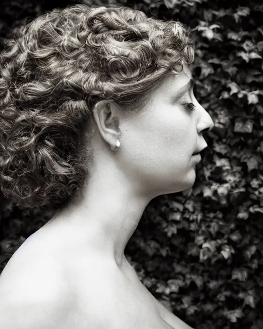 Prompt: a woman's face in profile, entwined with intricate decorative ivy, in the style of the dutch masters and gregory crewdson, dark and moody