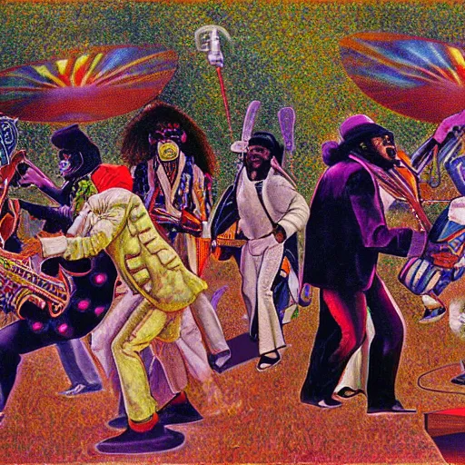 Image similar to artwork of pedro bell, parliament, funkadelic, george clinton, bootsy collins, the mothership, chocolate city, a sunday afternoon on the island of la grande jatte