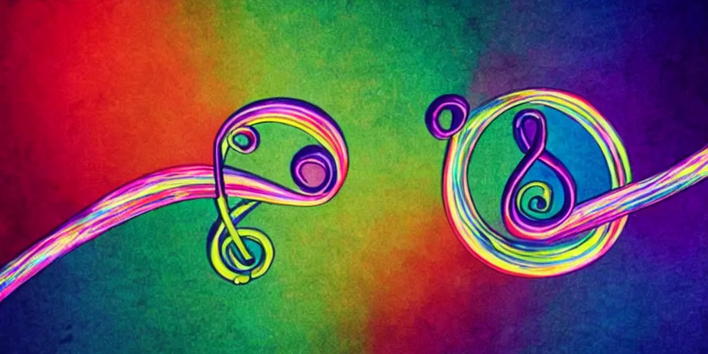 Image similar to a treble clef staff of complex musical notes and orchestral notation flowing from a prism pastel rainbow, comic book panel background, muted colors, dreamy muted pastel colors, in the style of Pink Floyd Dark Side of the Moon