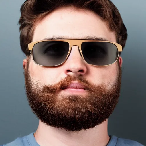 Prompt: a mugshot of a bearded man with brown hair wearing sunglasses