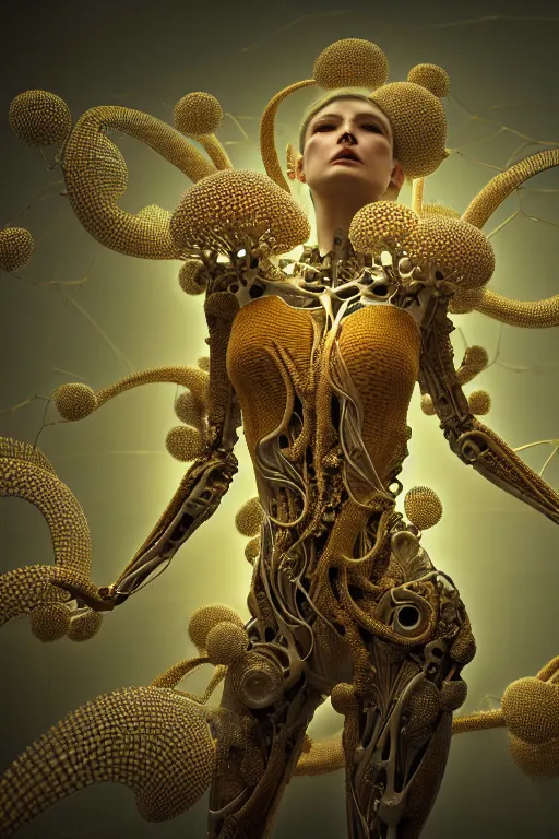 Image similar to intricate hyper detailed ultra sharp 3 d render, unity of mood, biomechanical cyborg ladies dancing, atmospheric, foliage, white large pore fungi, cyberpunk art nouveau, haute couture alexander mcqueen leaves stems colorful dahlias blooming transparent fractal filigree roots, intricate details, octane render, volumetric cinematic lighting, natural beautiful light, yellow infrared, lumiol, 8 k,