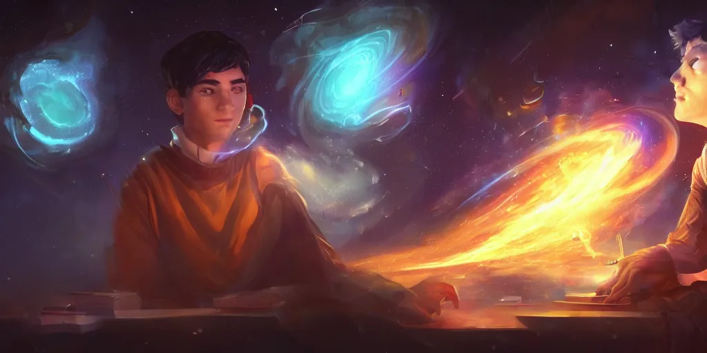 Image similar to a young mage creating a universe in his pc, a male mage in his 2 0 s with black hair sitting in front of huge monitor. extremely detailed, award - winning art, trending on artstation