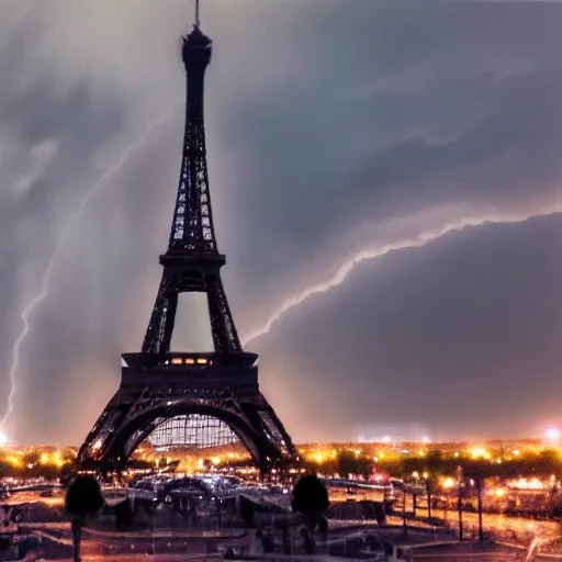 Prompt: an oil painting of the eiffel tower on a dark stormy evening utilizing volumetric lighting