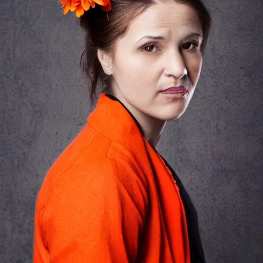 Prompt: portrait of a woman with flower tatoos, brown hair tied, red jacket and orange background, studio lighting