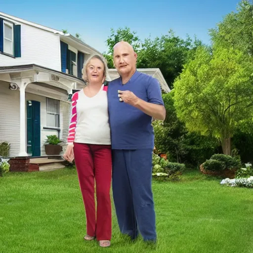 Image similar to a man and a woman around 3 0 years are standing in the backyard of a downtown home. realistic colors, detailed photo 8 k